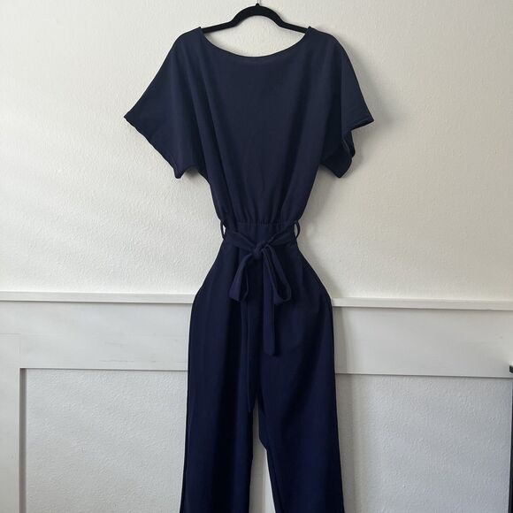 Womens Navy Jumpsuit Short Sleeve Belted Long Pants Back Keyhole Romper Small - Picture 4 of 6